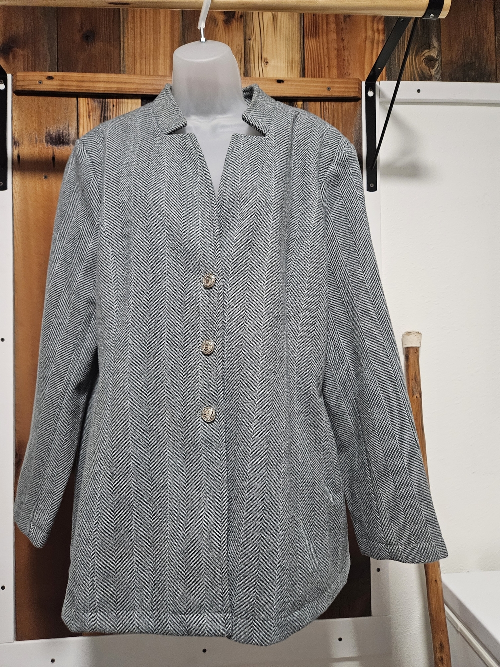 Women’s Gray Herringbone Pea Coat - Tailored Single-Breasted Jacket